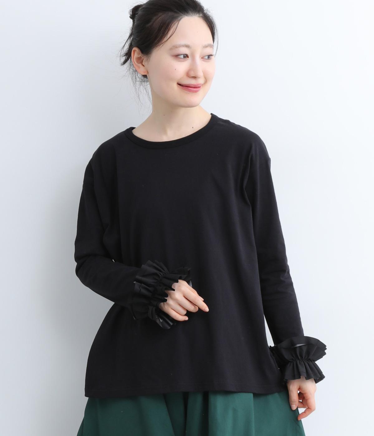コットンダブルフリルスリーブTシャツ(ブラック-2)