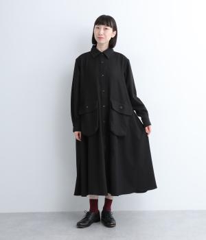 ポリエステルポケットシャツワンピースドレス(ブラック-1)