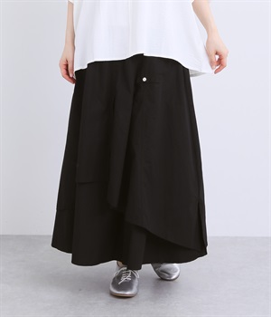コットン シャツ風レイヤードスカート(ブラック-ONESIZE)