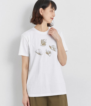 コットン天竺 プリントTシャツ　SHELL(オフホワイト×ベージュ-L)