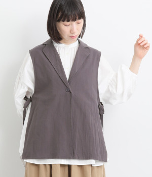 ワッシャーコットン サイドベルトロングベスト(チャコール-ONESIZE)