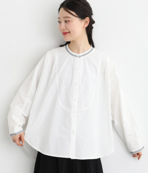 コットン 刺繍スタンドカラーシャツ(オフホワイト-ONESIZE)