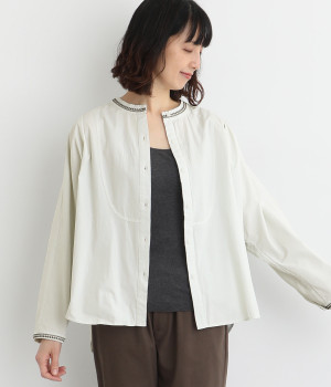 コットン 刺繍スタンドカラーシャツ(ミント-ONESIZE)