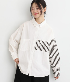 コットン ストライプ切替シャツ(オフホワイト-ONESIZE)