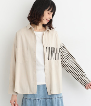 コットン ストライプ切替シャツ(サンドベージュ-ONESIZE)