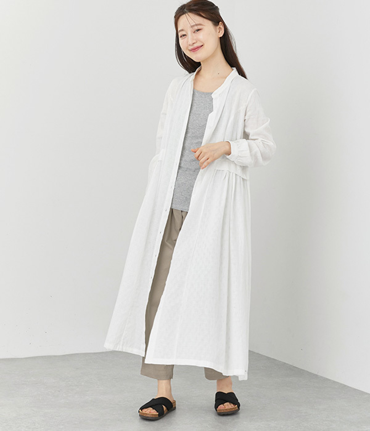 美品】LOHEN ヨークネックバックギャザーワンピース ベルギーリネン100 