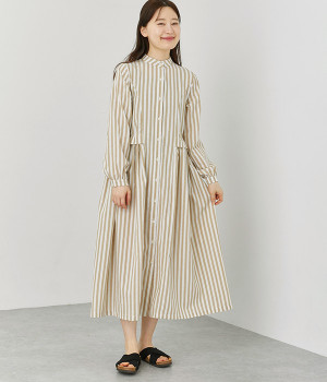 コットンストライプ ヨークギャザーワンピース(ベージュ-ONESIZE)