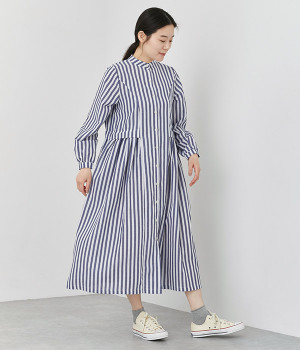 コットンストライプ ヨークギャザーワンピース(ブルー-ONESIZE)