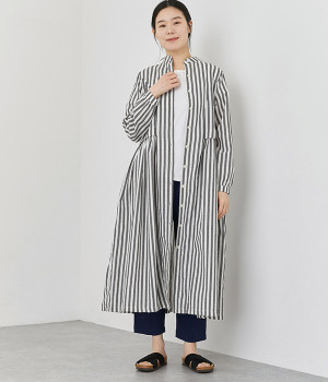 コットンストライプ ヨークギャザーワンピース(ブラック-ONESIZE)
