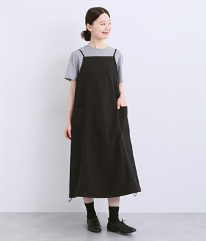 ワッシャーナイロン ワーク風キャミワンピース(ブラック-ONESIZE)