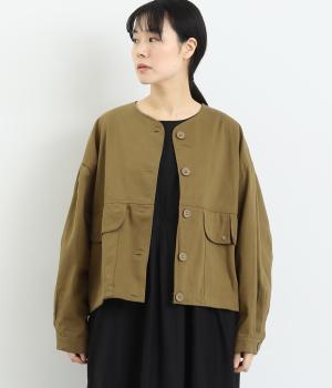 コットンアウターノーカラージャケット(カーキ-F)