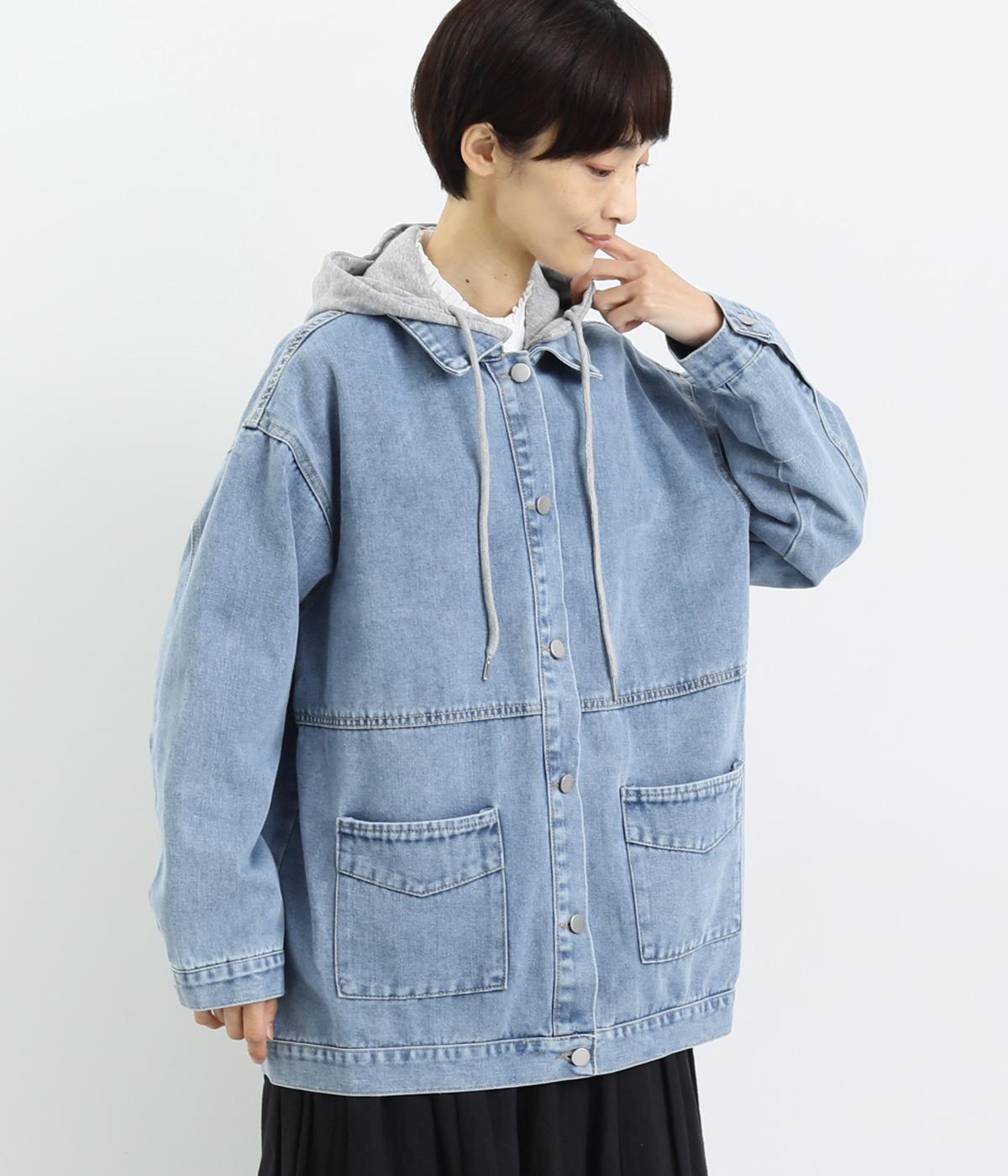 裏毛フード付デニムジャケット(ブルー-F)