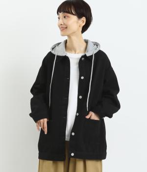 裏毛フード付デニムジャケット(ブラック-F)