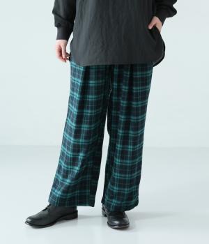 タータンチェック風ストレートタックパンツ(グリーン-F)