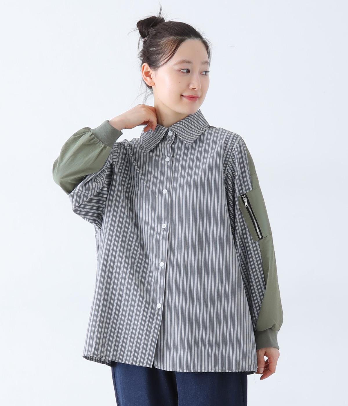 ストライプ/無地切り替えシャツ(ネイビー×カーキ-F)