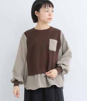 鹿の子布帛切替プルオーバー(ブラウン-F)