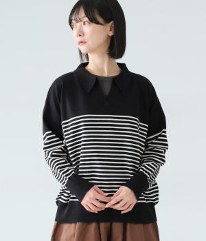 ハイゲージボーダーニットスキッパープルオーバー(ブラック-F)