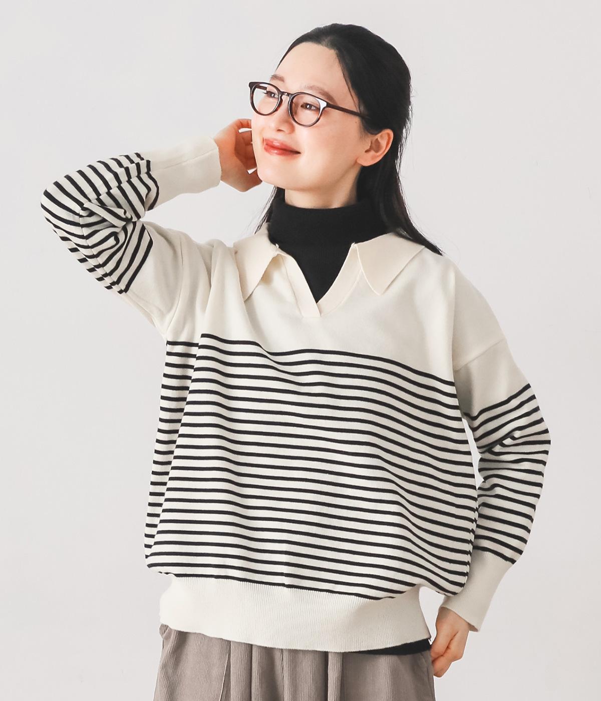 ハイゲージボーダーニットスキッパープルオーバー(オフホワイト-F)