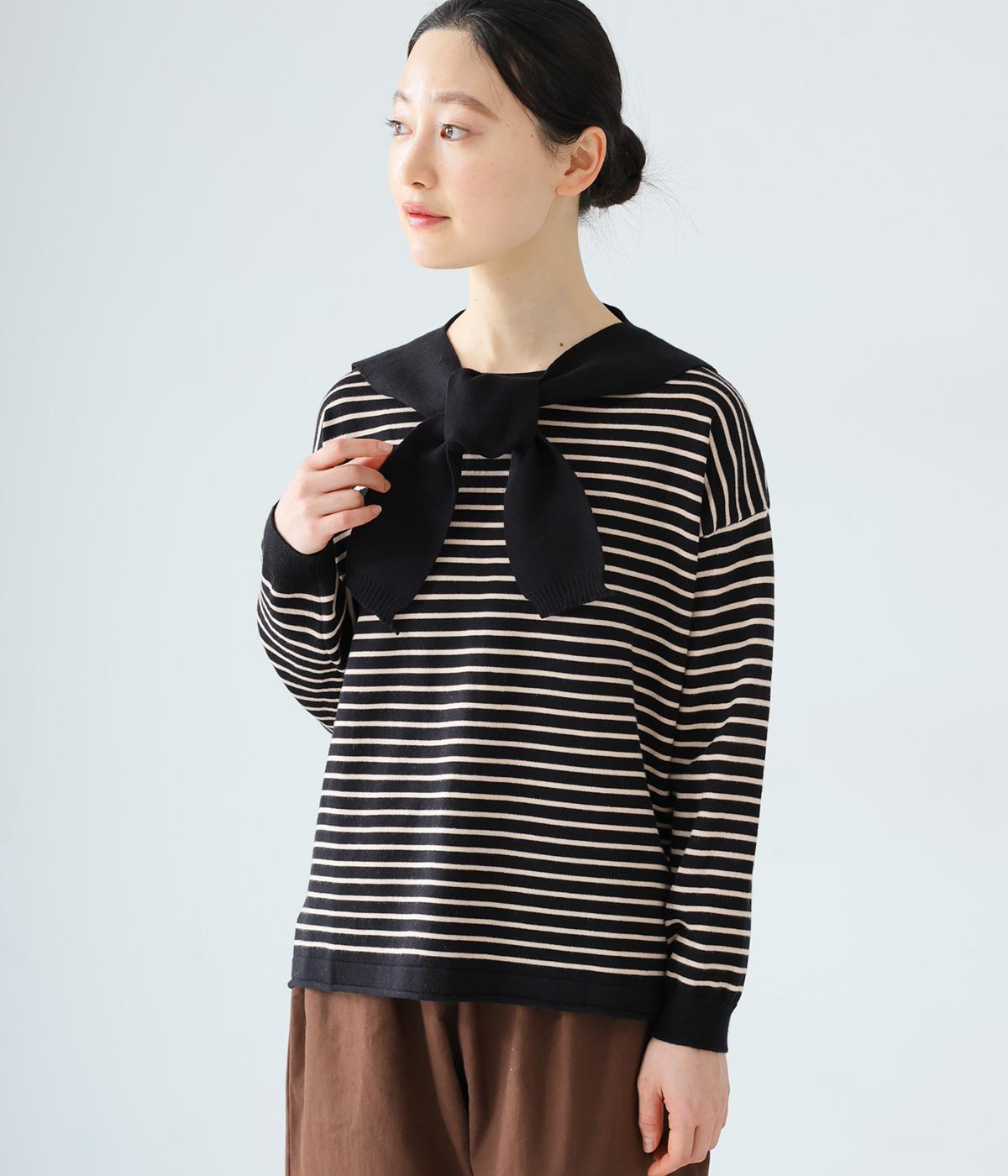 ハイゲージボーダーニットカラー付ボーダープルオーバー(ブラック-F)