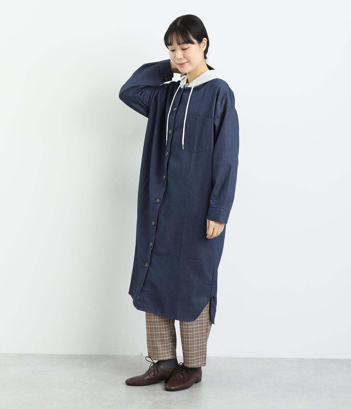 デニム裏毛フード付きデニムコートワンピース(ネイビー-F)