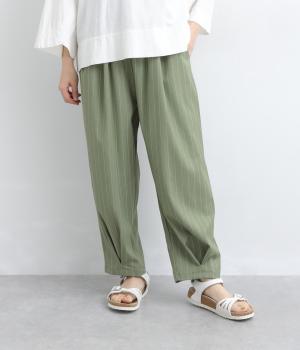 ピンストライプ　裾タックパンツ(グリーン-F)