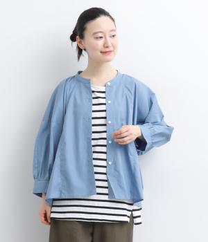 コットン　7分袖ワイドシャツ(ブルー-F)