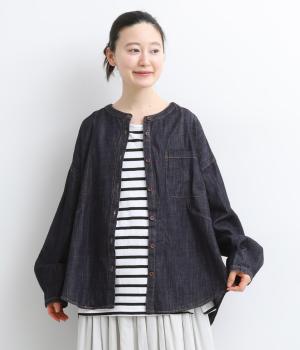 デニムバンドカラーBIGシャツジャケット(ネイビー-F)