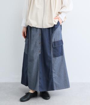 コットンデニムバイカラー切替スカート(ネイビー-F)