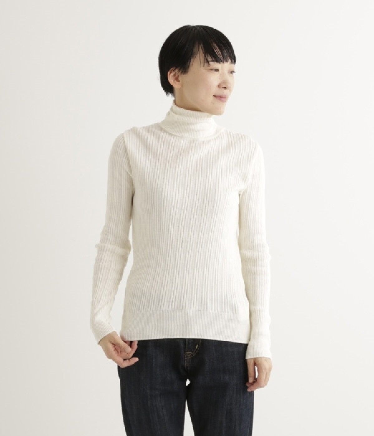 オーガニックコットンランダムリブタートルネックプルオーバー(アイボリー-ONESIZE)