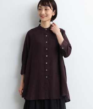 リトアニアリネン スタンドカラービッグシャツ(パープル-ONESIZE)
