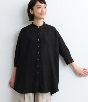 リトアニアリネン スタンドカラービッグシャツ(ブラック-ONESIZE)