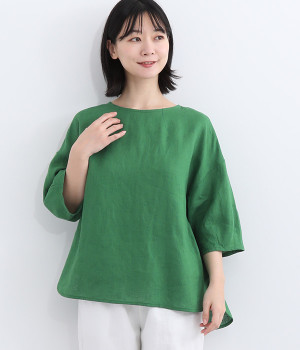 リトアニアリネン クルーネックブラウス(グリーン-ONESIZE)