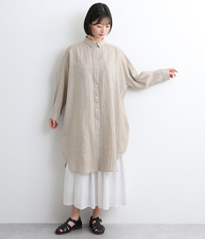 リネンワッシャー襟付きロングシャツ(ベージュ-ONESIZE)