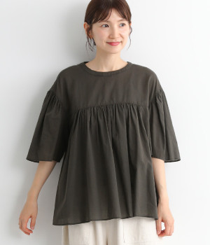 コットンシルクブラウス(チャコール-ONESIZE)