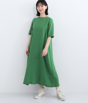 リトアニアリネン 後ろあき5分袖ワンピース(グリーン-ONESIZE)
