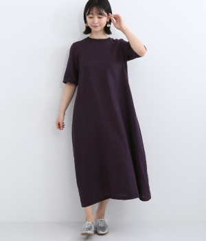 リトアニアリネン 後ろあき5分袖ワンピース(パープル-ONESIZE)