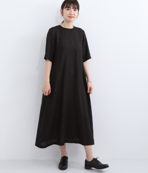 リトアニアリネン 後ろあき5分袖ワンピース(ブラック-ONESIZE)