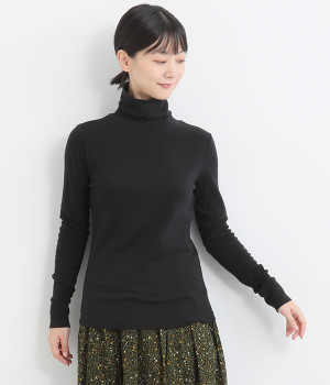 オーガニックコットン　フライスハイネックロングティーシャツ(ブラック-ONESIZE)