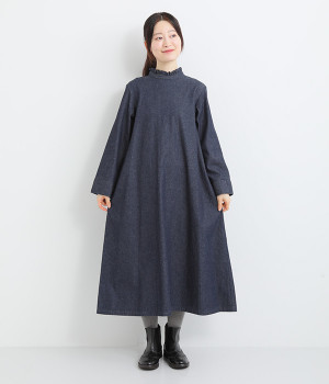 コットンデニム後あきフリルワンピース(ネイビー-ONESIZE)