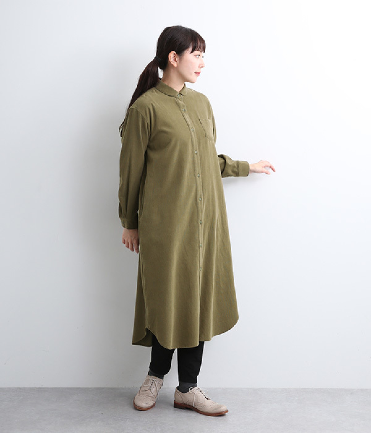 ラウンドカラー荒炊きコーデュロイワンピース(カーキ-ONESIZE)