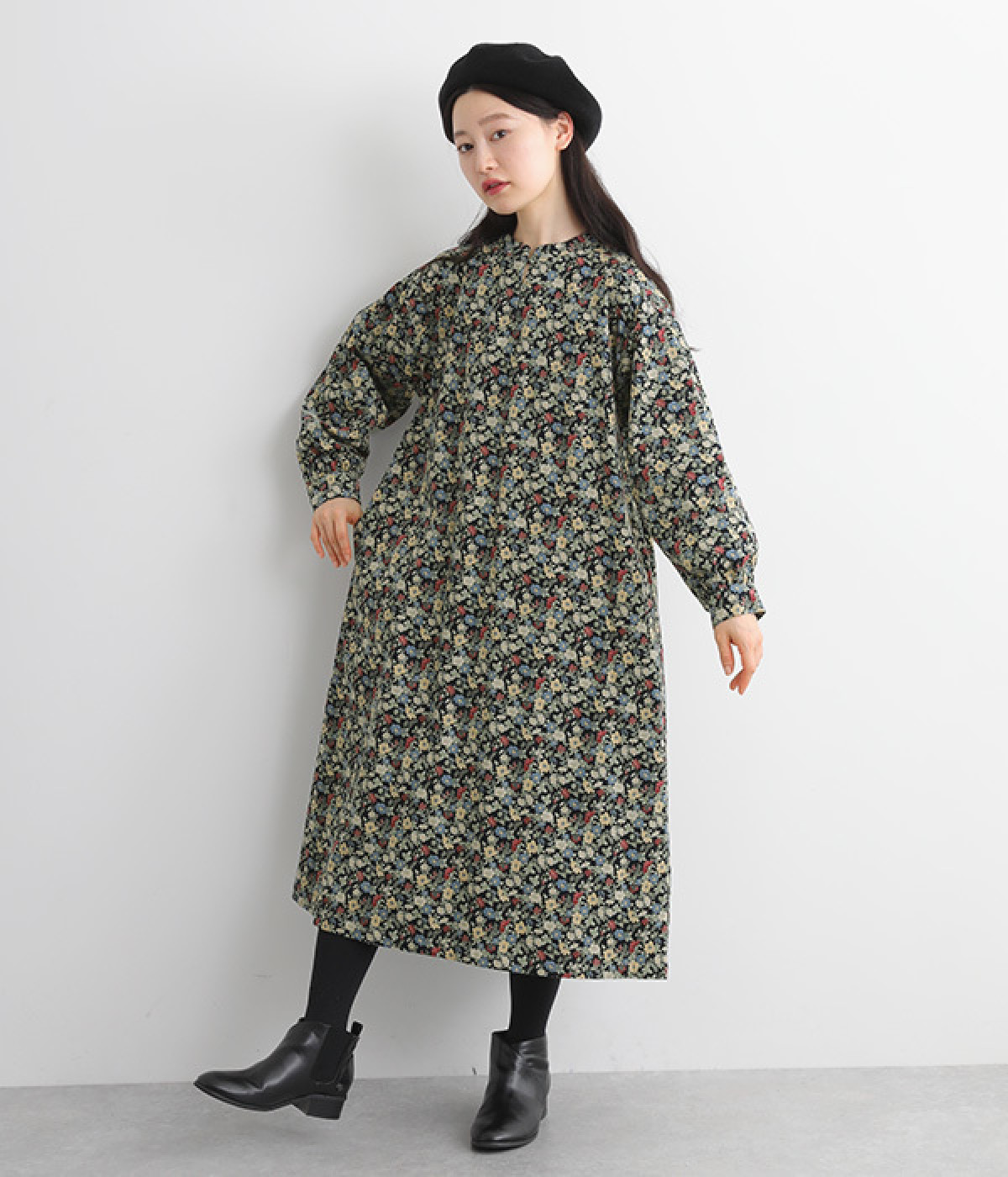 コーデュロイ小花柄ワンピース(ネイビー-ONESIZE)