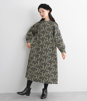 コーデュロイ小花柄ワンピース(ネイビー-ONESIZE)