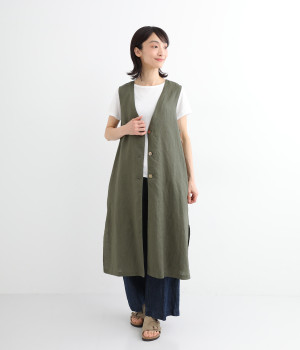 リネンロングベスト(カーキ-ONESIZE)