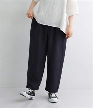 リネンテーパードクロップドパンツ(ネイビー-ONESIZE)