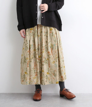 リネンコットンボタニカルタックスカート(イエロー-ONESIZE)