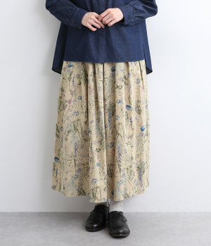 リネンコットンボタニカルタックスカート(ブルー-ONESIZE)