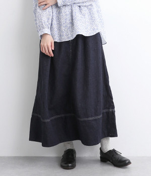 コットンリネンデニムバルーンスカート(ネイビー-ONESIZE)