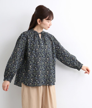 コットンプリントギャザーブラウス(ネイビー-ONESIZE)