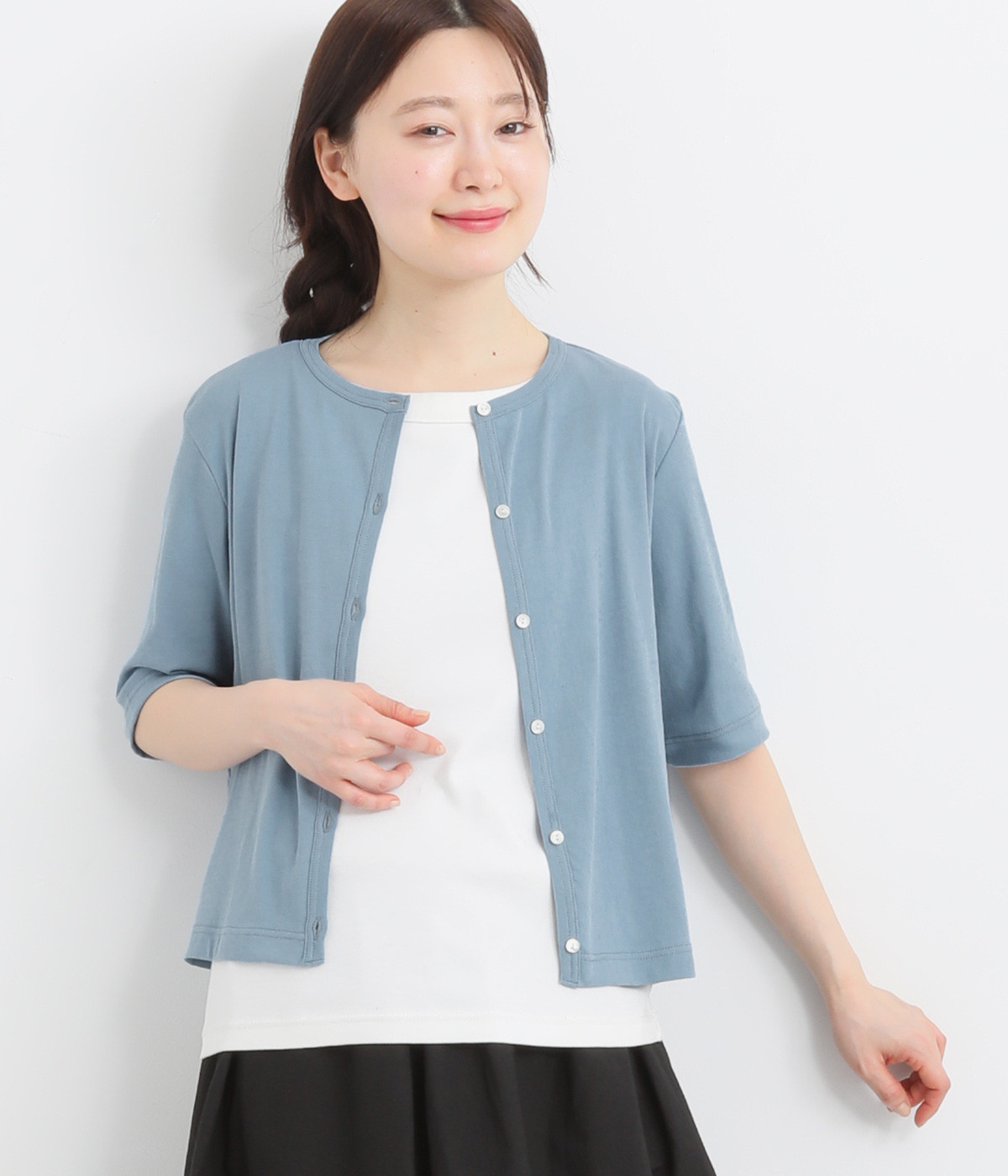 ガス強撚ガーゼフライス5分袖カーディガン(サックス-ONESIZE)