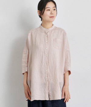 フレンチリネンスタンドカラービッグシャツ(ピンク-ONESIZE)